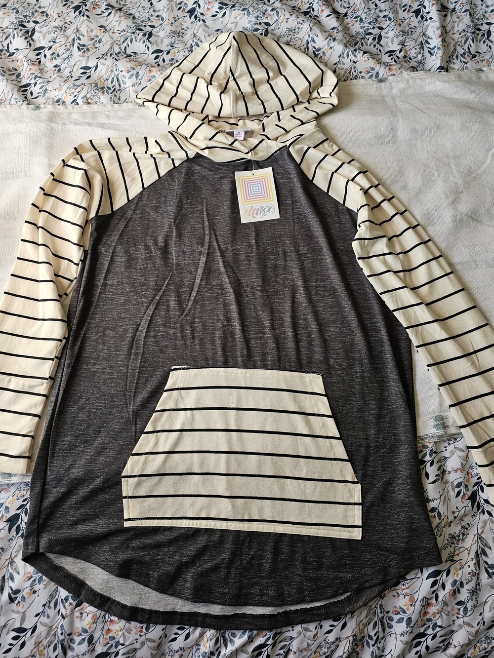 LuLaRoe Charcoal Hooded Pullover with Cream and Black Stripes